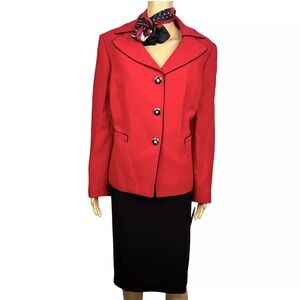 KASPER 3PC Red Black Polyester Lined Cocktail Skirt Suit Size 14W Scarf twill